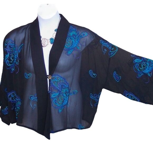 Chico's Turquoise 100% Silk Paisley Print Sheer Cardigan Blouse - M/L - Picture 2 of 11